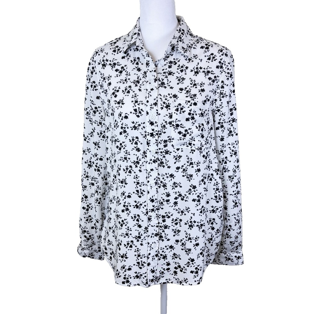 Beach Lunch Lounge Woman's Blouse Size SP White Black Floral Classic Staple Work